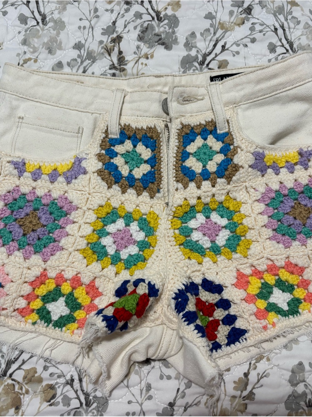 Blank NYC Cream Denim Shorts with Multicolor Crochet Squares